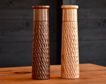 Unique Minimalist Style Salt and Pepper Mill Carved in Black Walnut and Ash | Handmade in Canada |