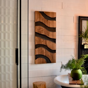 Unique Minimalist Solid Wood Black Walnut Wall Art Carved Abstract Paint on Wood Handmade In Canada image 1