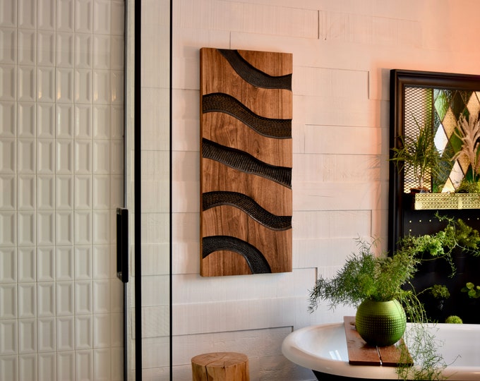 Unique Minimalist Solid Wood Black Walnut Wall Art | Carved | Abstract Paint on Wood | Handmade In Canada