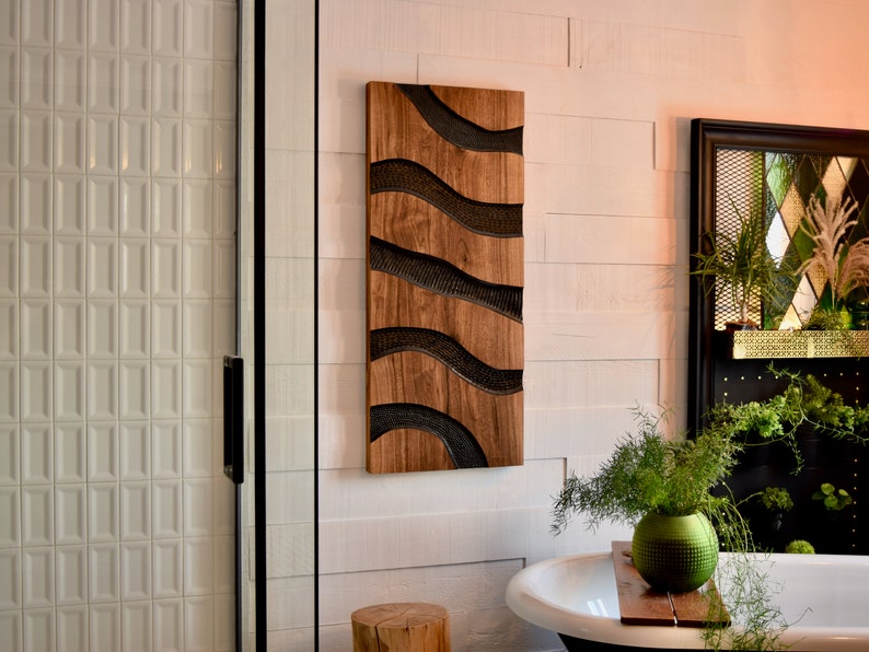 Unique Minimalist Solid Wood Black Walnut Wall Art Carved Abstract Paint on Wood Handmade In Canada image 1