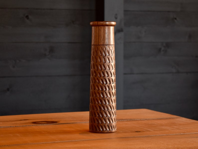 Unique Minimalist Style Salt and Pepper Mill Carved in Black Walnut and Ash Handmade in Canada image 2