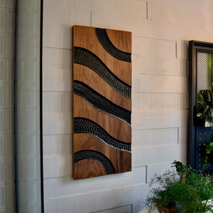 Unique Minimalist Solid Wood Black Walnut Wall Art Carved Abstract Paint on Wood Handmade In Canada 40" X 17" X 1 1/2" inches