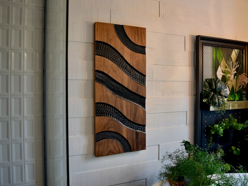 Unique Minimalist Solid Wood Black Walnut Wall Art Carved Abstract Paint on Wood Handmade In Canada 40" X 17" X 1 1/2" inches