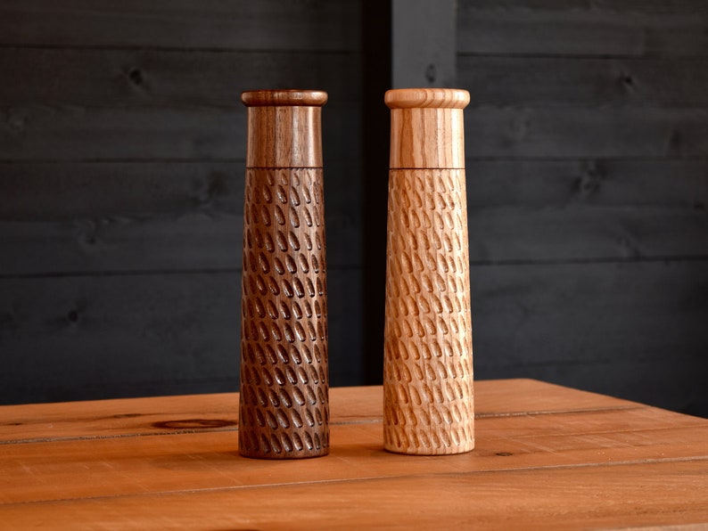 Unique Minimalist Style Salt and Pepper Mill Carved in Black Walnut and Ash Handmade in Canada image 1