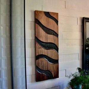 Unique Minimalist Solid Wood Black Walnut Wall Art Carved Abstract Paint on Wood Handmade In Canada 44" X 16" X 1 1/2" inches