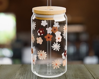 Boho Sipper Glass16oz, vidro com canudo e tampa, presente para bebedores de água, café e chá, padrões Boho em vidro, presente de dia das mães, presente rápido