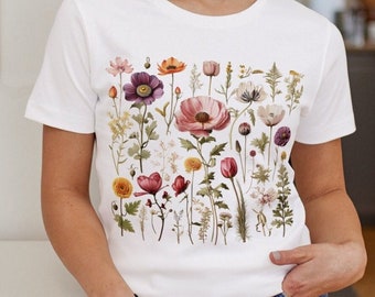 Boho Flowers Tshirt, Boho Wildflowers Cottagecore Shirt, Vintage Botanical Tee, Pastel Floral Nature Shirt, Garden Lover Gift, Gift for Mom