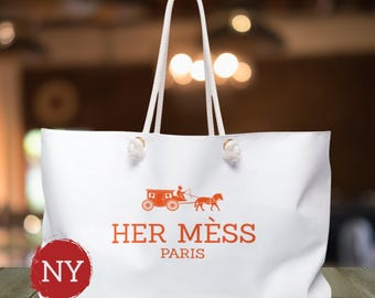 Bolsa de fim de semana Her Mess - Paródia de alta costura francesa, bagagem de mão de fim de semana, alta costura, diversão Birkin, presente para ela, Her Mèss, humor intelectual exclusivo