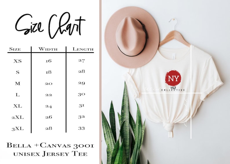 Puede incluir: Tabla de tallas para una camiseta de jersey unisex. La tabla muestra el ancho y la longitud en pulgadas para las tallas XS a 3XL. La imagen tambi&eacute;n muestra una camiseta blanca con un c&iacute;rculo rojo y las letras NY dentro del c&iacute;rculo. El texto debajo del c&iacute;rculo dice "152 Collective".
