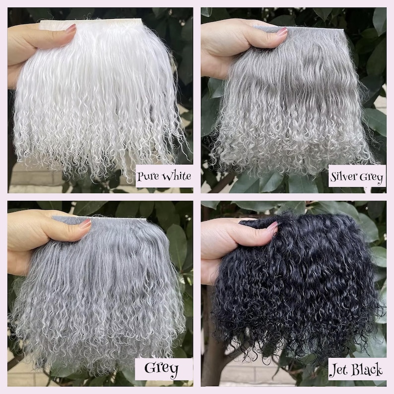 May include: Four swatches of curly faux fur fabric in pure white, silver grey, grey, and jet black. Each swatch features a straight top edge and a textured, curly pile. The text labels Pure White, Silver Grey, Grey, and Jet Black are visible.