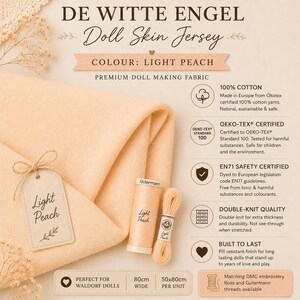 May include: Light peach colored doll skin jersey fabric made of 100% cotton. The fabric is double-knit and Oeko-Tex certified. Included are a spool of G&uuml;termann thread and a bundle of DMC embroidery floss, both labeled Light Peach.