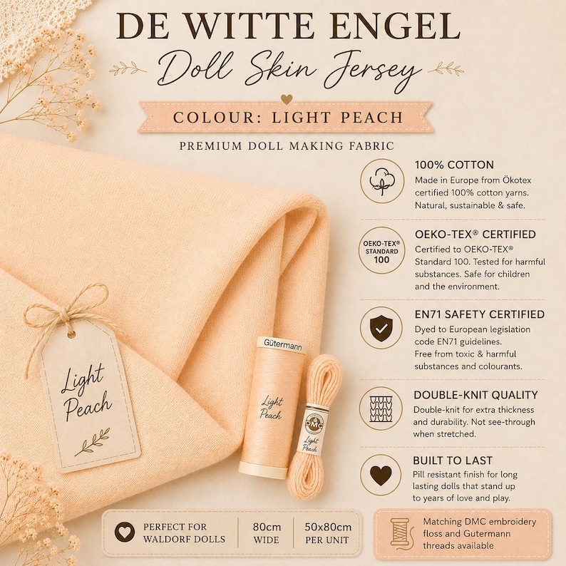 May include: Light peach colored doll skin jersey fabric made of 100% cotton. The fabric is double-knit and Oeko-Tex certified. Included are a spool of G&uuml;termann thread and a bundle of DMC embroidery floss, both labeled Light Peach.