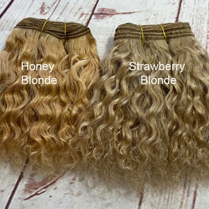May include: Two bundles of wavy human hair extensions, one labeled "Honey Blonde" and the other labeled "Strawberry Blonde".