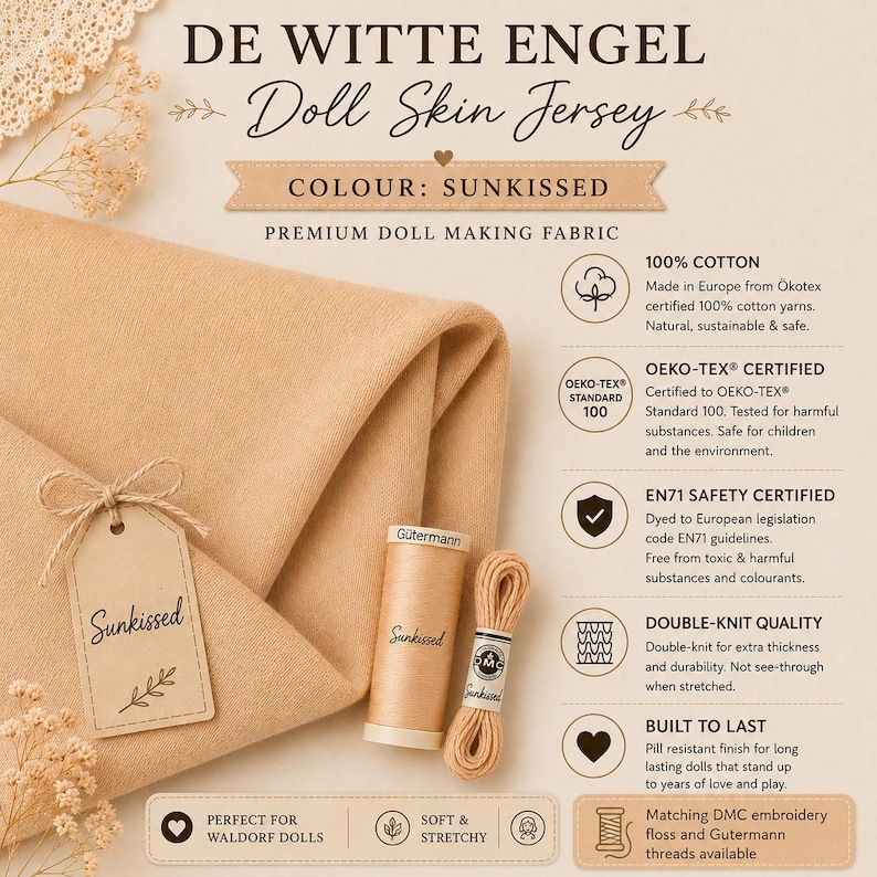 Doll Making Jersey - De Witte Engel - Waldorf Doll Skin - 100% Cotton- Jersey Doll Skin Doll Skin Jersey Fabric - Cotton Jersey Skin Fabric Sunkissed