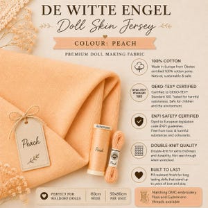 May include: Peach colored De Witte Engel doll skin jersey fabric, a premium cotton doll making material. Includes a spool of G&uuml;termann thread and a matching embroidery floss bundle. Features text detailing 100% cotton, Oeko-Tex and EN71 safety certifications, double-knit quality, and 80cm width.