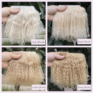 May include: Four swatches of wavy hair extensions in different shades of blonde. The top left is labeled Ash Blonde, the top right is Beach Blonde, the bottom left is Golden Blonde, and the bottom right is labeled Honey Blonde.