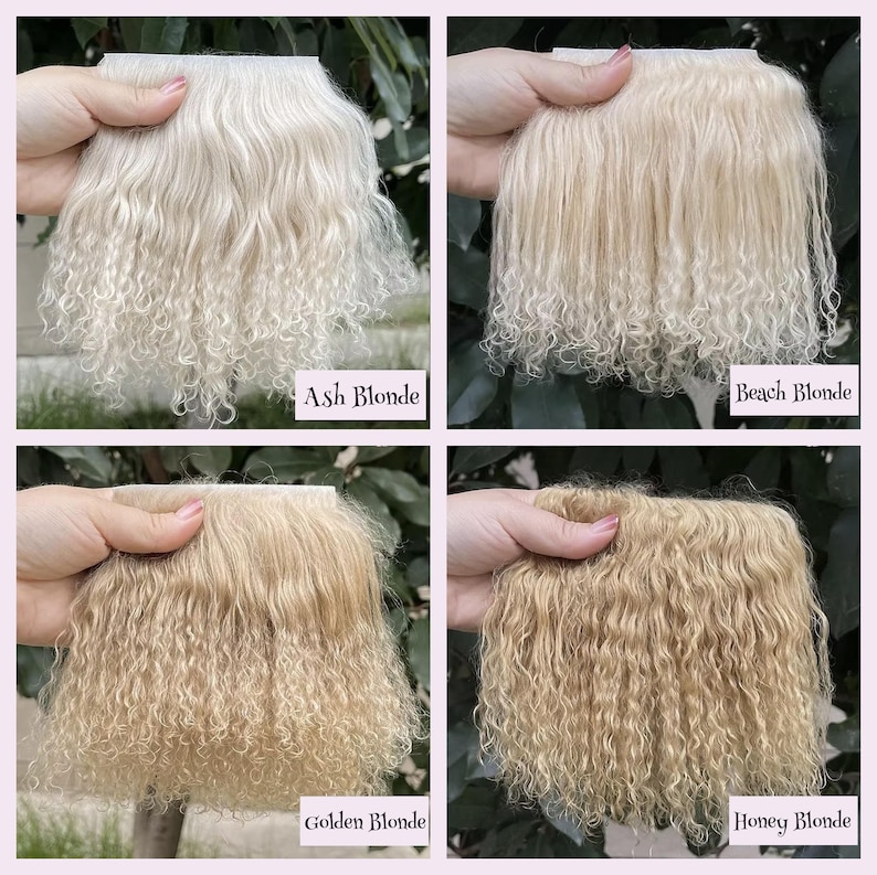 May include: Four swatches of wavy hair extensions in different shades of blonde. The top left is labeled Ash Blonde, the top right is Beach Blonde, the bottom left is Golden Blonde, and the bottom right is labeled Honey Blonde.