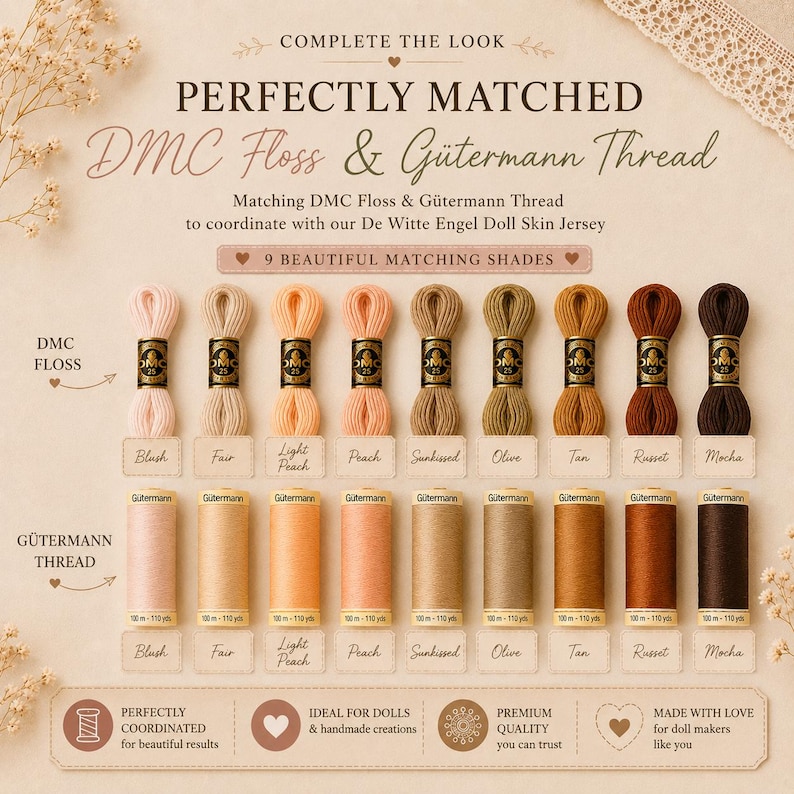 May include: A collection of nine matching shades of DMC embroidery floss and G&uuml;termann sewing thread, labeled with color names including Blush, Fair, Light Peach, Peach, Sunkissed, Olive, Tan, Russet, and Mocha, arranged in two horizontal rows.