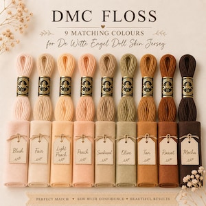 Puede incluir: Nueve madejas de hilo de bordar DMC en tonos de piel, cada una emparejada con una pieza de tela de jersey para muñecas De Witte Engel a juego. Las piezas de tela tienen etiquetas con los nombres Blush, Fair, Light Peach, Peach, Sunkissed, Olive, Tan, Russet y Mocha.