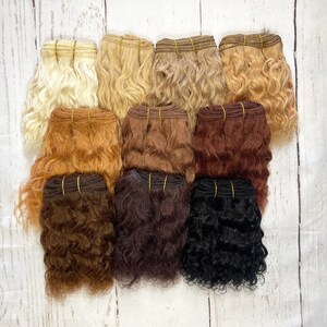 May include: A set of ten wefts of curly human hair extensions in various shades of blonde, brown, and black.