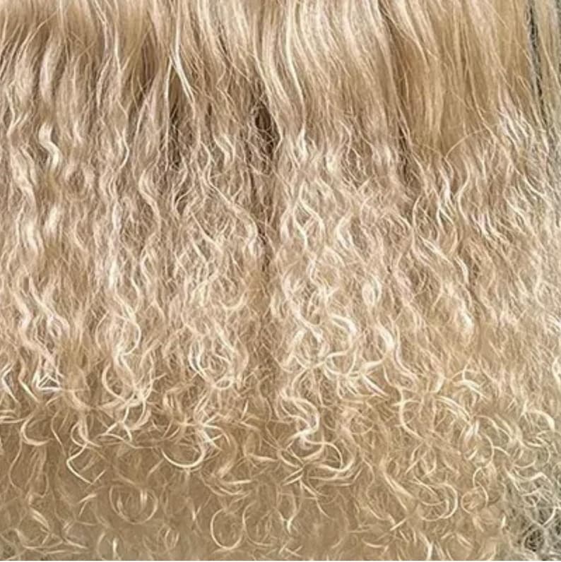 May include: A close-up view of light blonde hair with a wavy and curly texture. The strands are fine and exhibit a natural, multi-tonal appearance with varying shades of pale yellow and platinum blonde throughout the dense, layered hair.