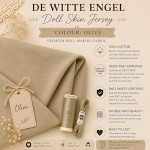 May include: Olive colored De Witte Engel doll skin jersey fabric. The textile is 100% cotton, Oeko-Tex certified, and EN71 safety certified. Includes a matching spool of G&uuml;termann thread and a bundle of DMC embroidery floss for doll making.