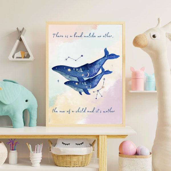 Nursery print, mother and child, blue whale, mother and baby whale, blue nursery, new baby gift, baby shower gifts, kids room, rainbow print