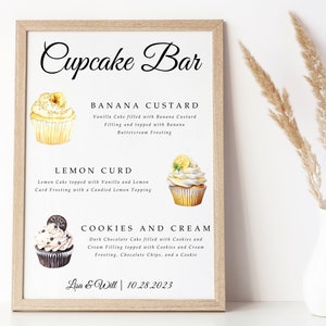Modèle d'enseigne pour cupcakes (personnalisable, enseigne de petit gâteau de mariage, enseigne de réception de petit gâteau, menu des desserts, enseigne de petit gâteau, arômes de petit gâteau de mariage)