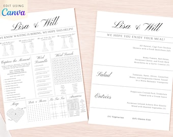 May include: Two white wedding activity sheets with black text. One sheet has games like a word search and word scramble. The other sheet lists a menu with salad and entree options. The top of each sheet reads "Lisa & Will".