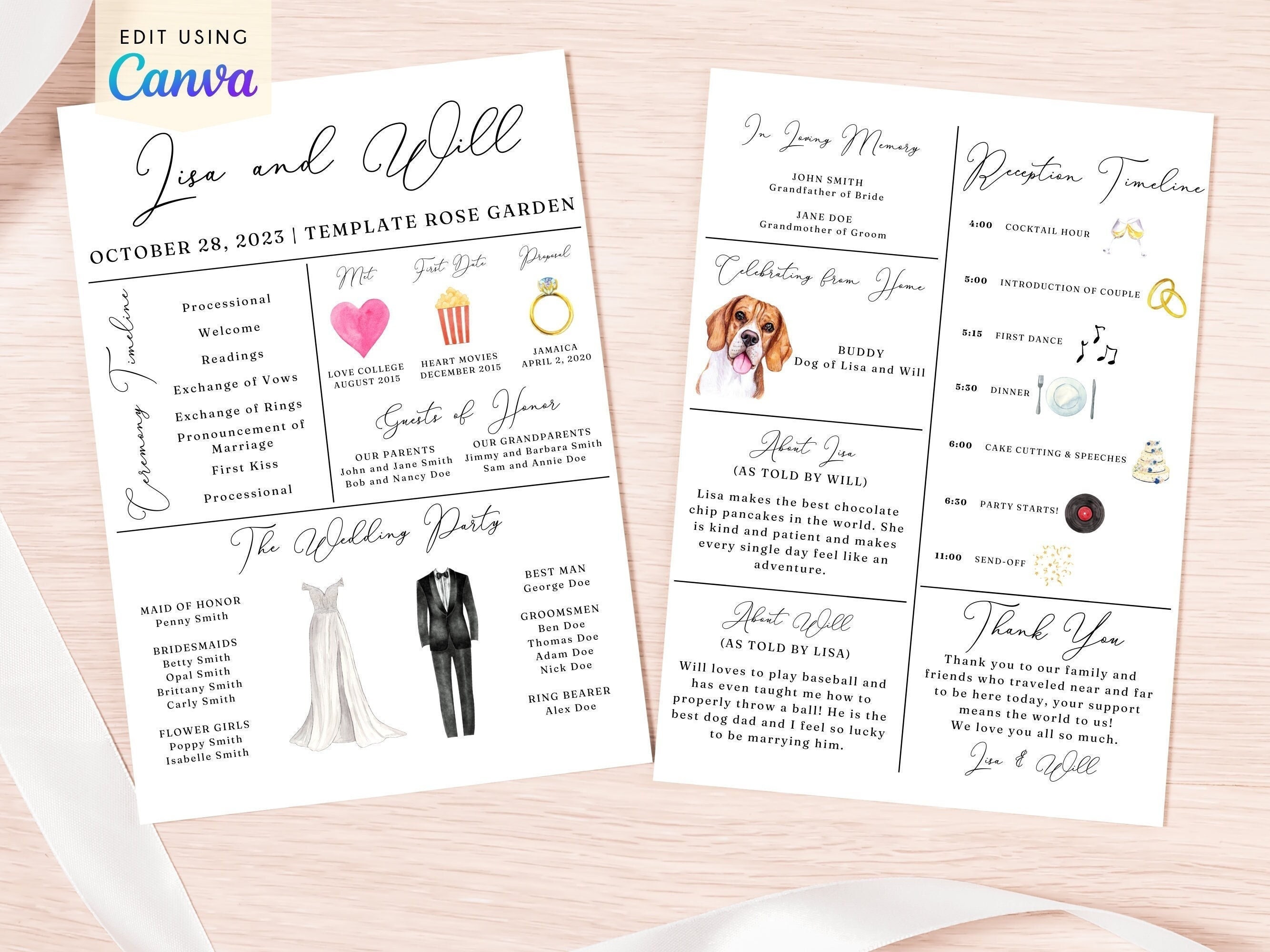 Wedding Program Template (Customizable, Watercolor Wedding Program, Unique Wedding Program, Fun Wedding Program, Wedding Timeline Template)