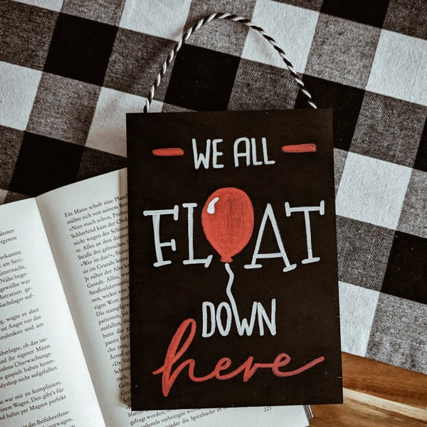 Halloween Deko Schild "we all float down" balloon, clown, book, horror