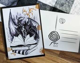 Print & postcard "dragon" A6 Nightmare on Wednesday, Tim Burton style, black and white, drawing, booklover, dragon rider