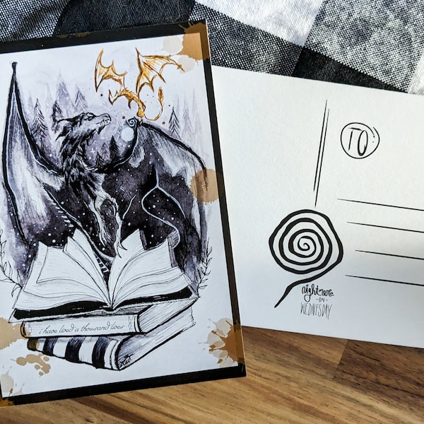 Print & Postkarte "dragon" A6 Nightmare on Wednesday, Tim Burton Stil, Schwarz Weiß, Zeichnung, Booklover, Drachenreiter