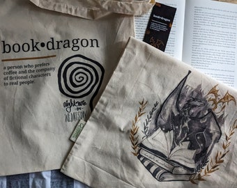 Bio Baumwolltasche Beutel "book dragon" Nightmare on Wednesday, Tim Burton Stil, Fantasy, Drachen, Drachenreiter, Coffee