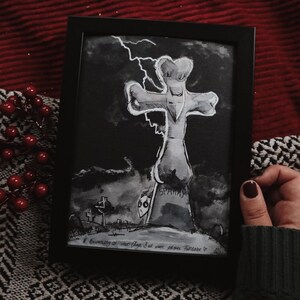 Print A5 "Zombie Dog" auf Leinenstruktur - Nightmare on Wednesday, Tim Burton Stil, Schwarz Weiß, Zeichnung, Booklover