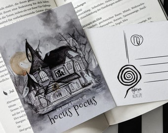 Print & Postkarte "Hocus Pocus" A6 Nightmare on Wednesday, Tim Burton Stil, Schwarz Weiß, Zeichnung, Booklover, Haunted House