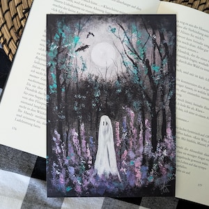 Print A5 "Lavender Ghost" auf Leinenstruktur - Nightmare on Wednesday, Tim Burton Stil, Schwarz Weiß, Zeichnung, Booklover, Summerween