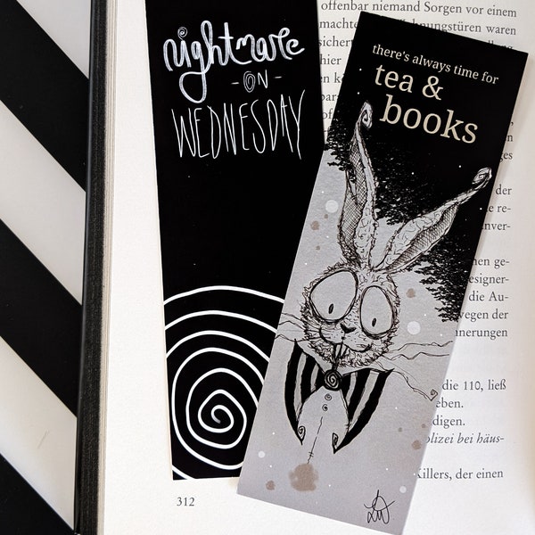 Bookmark "Hank" Nightmare on Wednesday, Tim Burton style, black and white, drawing, books, Easter, Alice in Wonderland