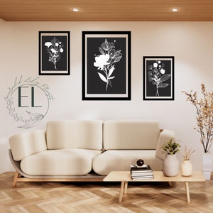 Black and White Floral Modern Home Decor Art, Wild Flowers Art, Botanical Line art 3 Piece Set, Line Flowers Printable Art, Digital Prints
