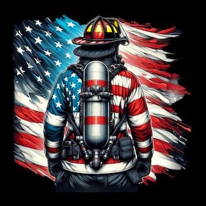 May include: An illustration of a firefighter wearing a helmet and a jacket with an American flag design. The firefighter is standing in front of a tattered American flag.