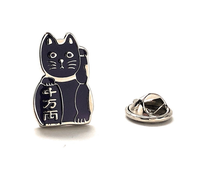 Lucky Cat Lapel Pin Maneki Neko Beckoning Cat shops Enamel Pin Purple Enamel Silver Trim Fortune Cat Japanese Figurine Tie Tack Pin