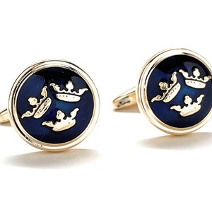 Three Kings Cufflinks Royal Family Palace Estate Cuff Links Blue Enamel with Gold Professional Wear Three Crowns