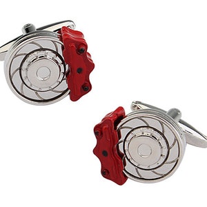 Boutons de manchette de freins à disque, cadeau pour mécanicien automobile, boutons de manchette d'équipe de course, cadeau pour les amateurs de voitures, cadeau de fierté de course automobile rouge et argent pour les amateurs de voitures