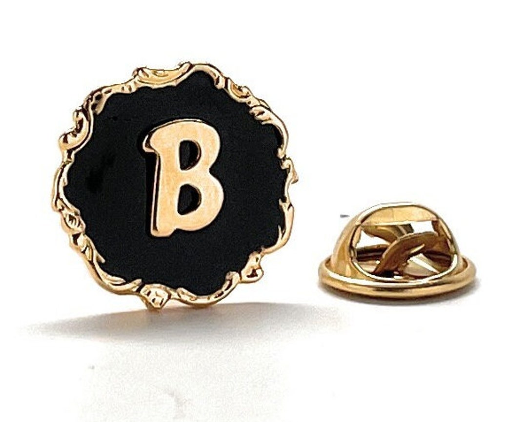 Letter B Lapel Pin Initials Enamel Pin Antique Gold Black Enamel