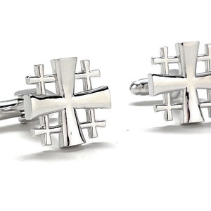 Jerusalem Cross Cufflinks Crusaders Shield Cut Out Design Silver Tone 3D Five-Fold  Cross Cuff Links