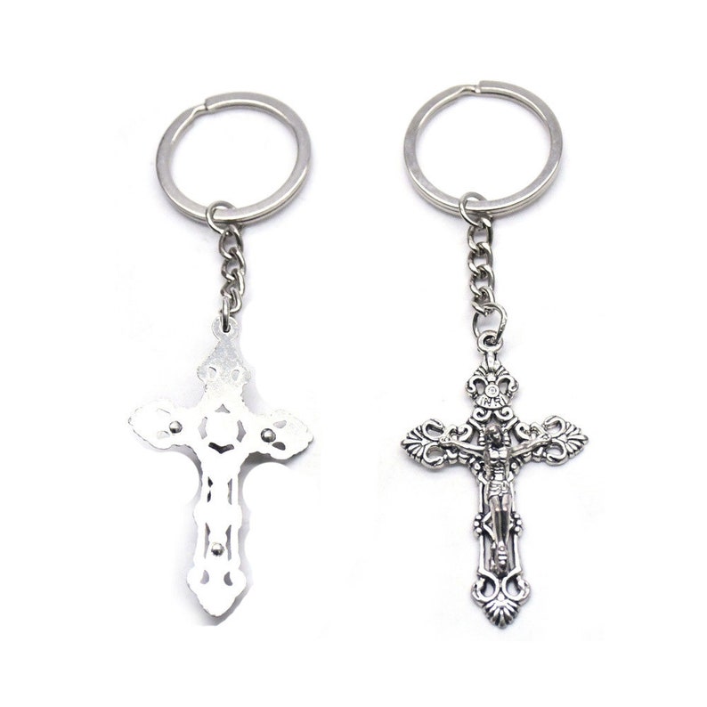 Crucifix Keychain Christian Cross Keyring Saint Benedict Cross Etsy