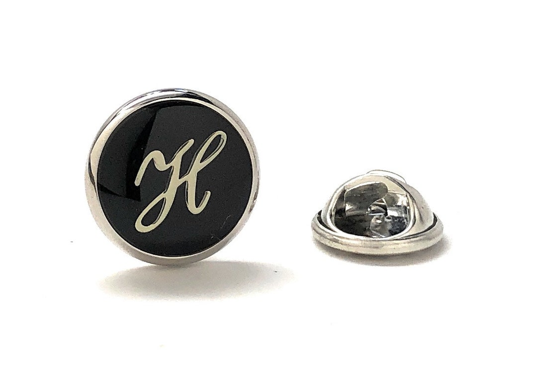 Letter H Lapel Pin Initials Black Enamel Pin Silver Script Etsy