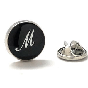 Letter M Lapel Pin Initials Black Enamel Pin Silver Script Finish Alphabet Lanyard Pin Name Badge Pin Wedding Pin Anniversary Tie Tack Pin