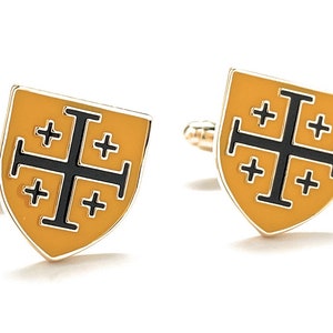Crusaders Shield Cufflinks Jerusalem Cross Cuffs Yellow and Black Enamel Design Silver Tone 3D Five-Fold  Cross Cuff Links