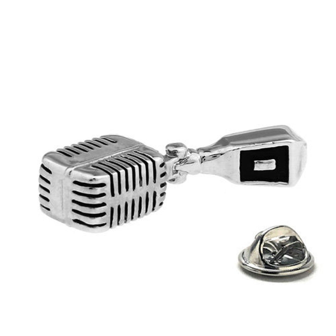 Microphone Pin Silver Black 3D Design Studio Mic Lapel Pin Recording